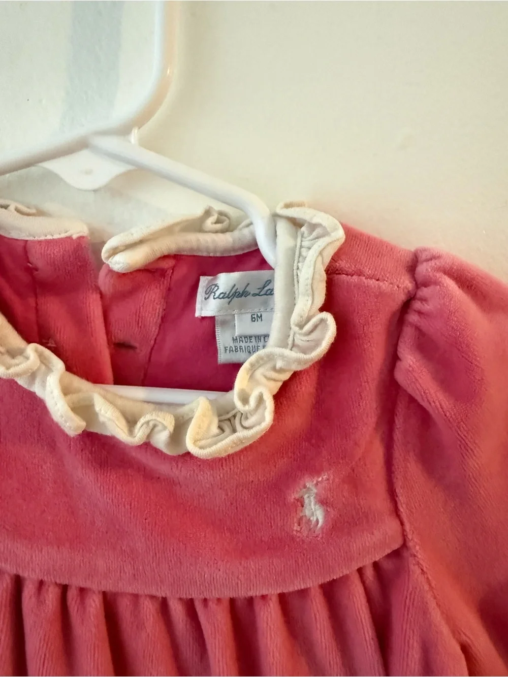 Ralph Lauren Rose Pink Velvet Footed One-Piece with Ruffle Neck